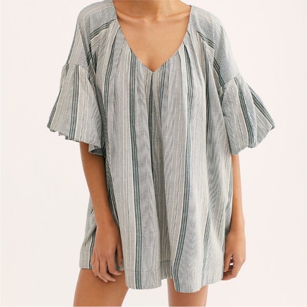 Free People Aleida Mini Dress/ Puff Sleeves/Green Striped/V-Neck - Picture 8 of 9
